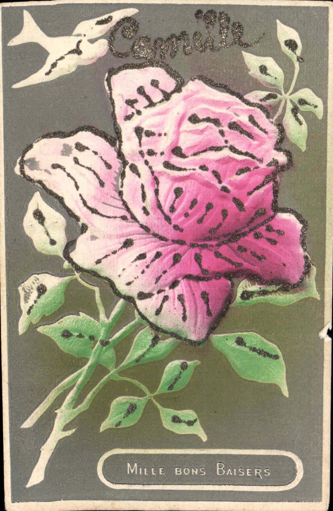 Fantaisie- Mille Bos Baisers - Reief argente - Silver Glitter - Rose - CPA 