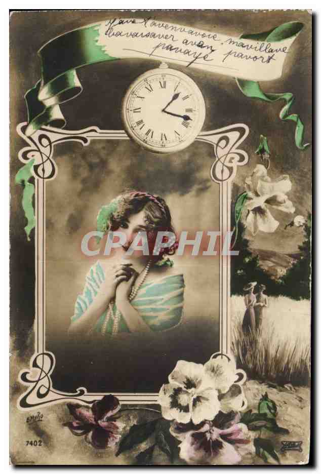 Femme au cadre orné — horloge et fleurs — Éditeur EMPJO, n° 7402