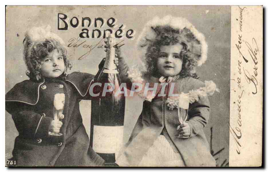 Fantaisie - Bonne Annee - Deux Enfant Adorable avec boteile de champagne - cute curly headed children - CPA 