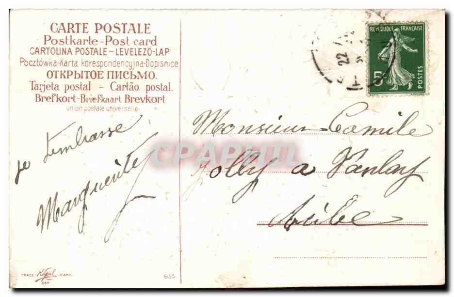 Carte postale de vœux — Motif de lys et colombes — Éditeur : TRACE NORMAND — Verso
