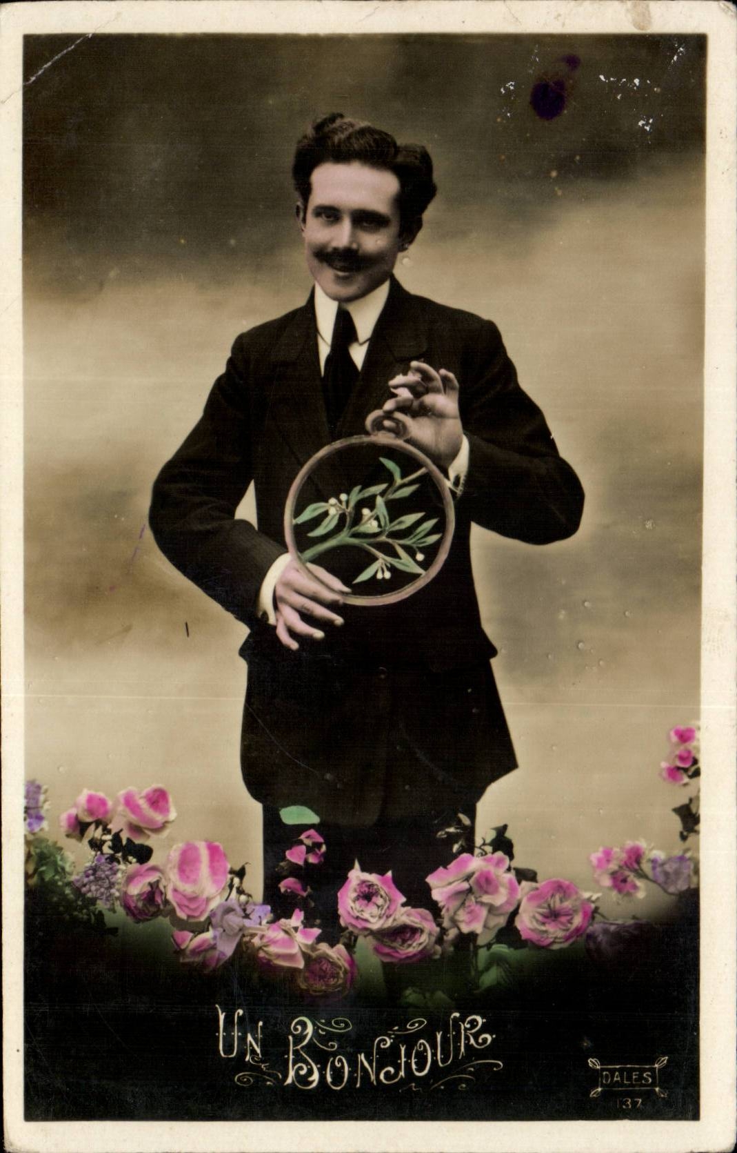 Fantaisie - Homme - Un Bonjour - Handsome man with thick mustache - CPA 