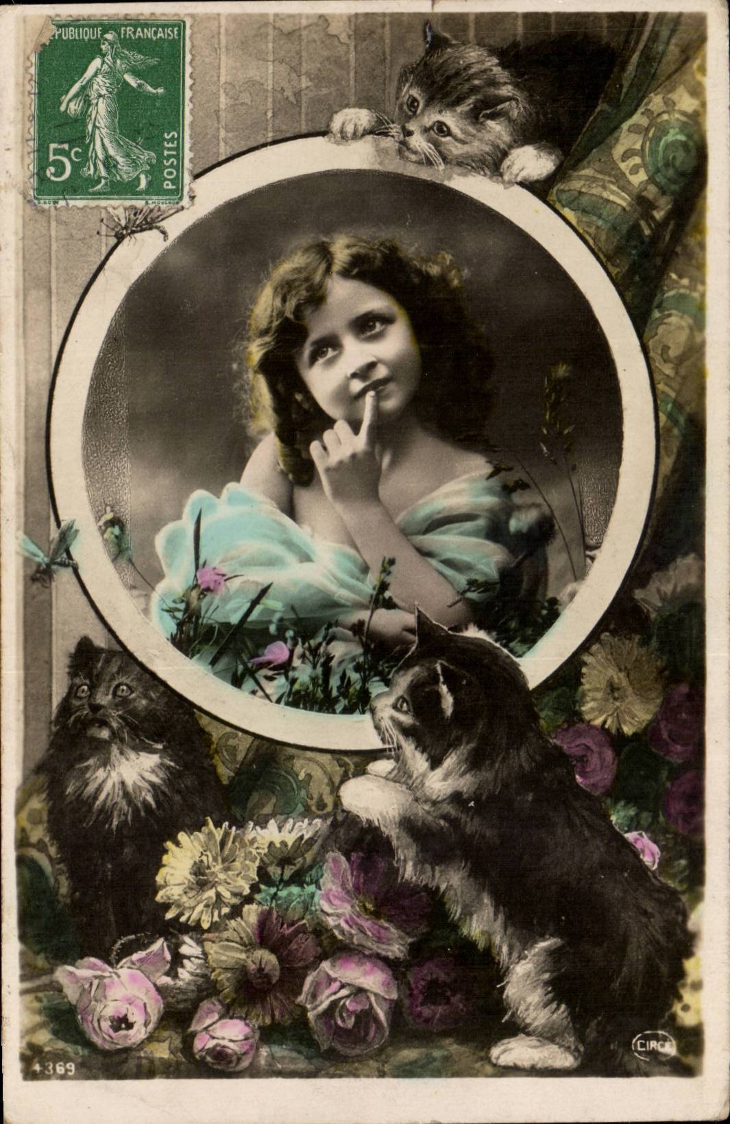 Fantaisie - Enfant - petite file et chaton - chat - sweet girl and adorable cats - CPA 