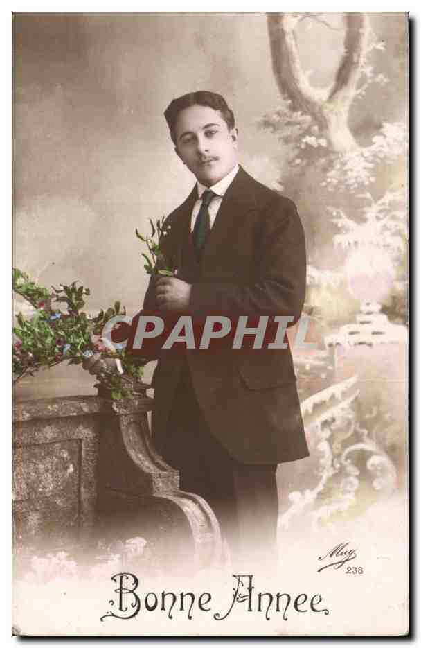 Fantaisie - Homme - Bonne Anne - Jeune Homme avec fleur - CPA 