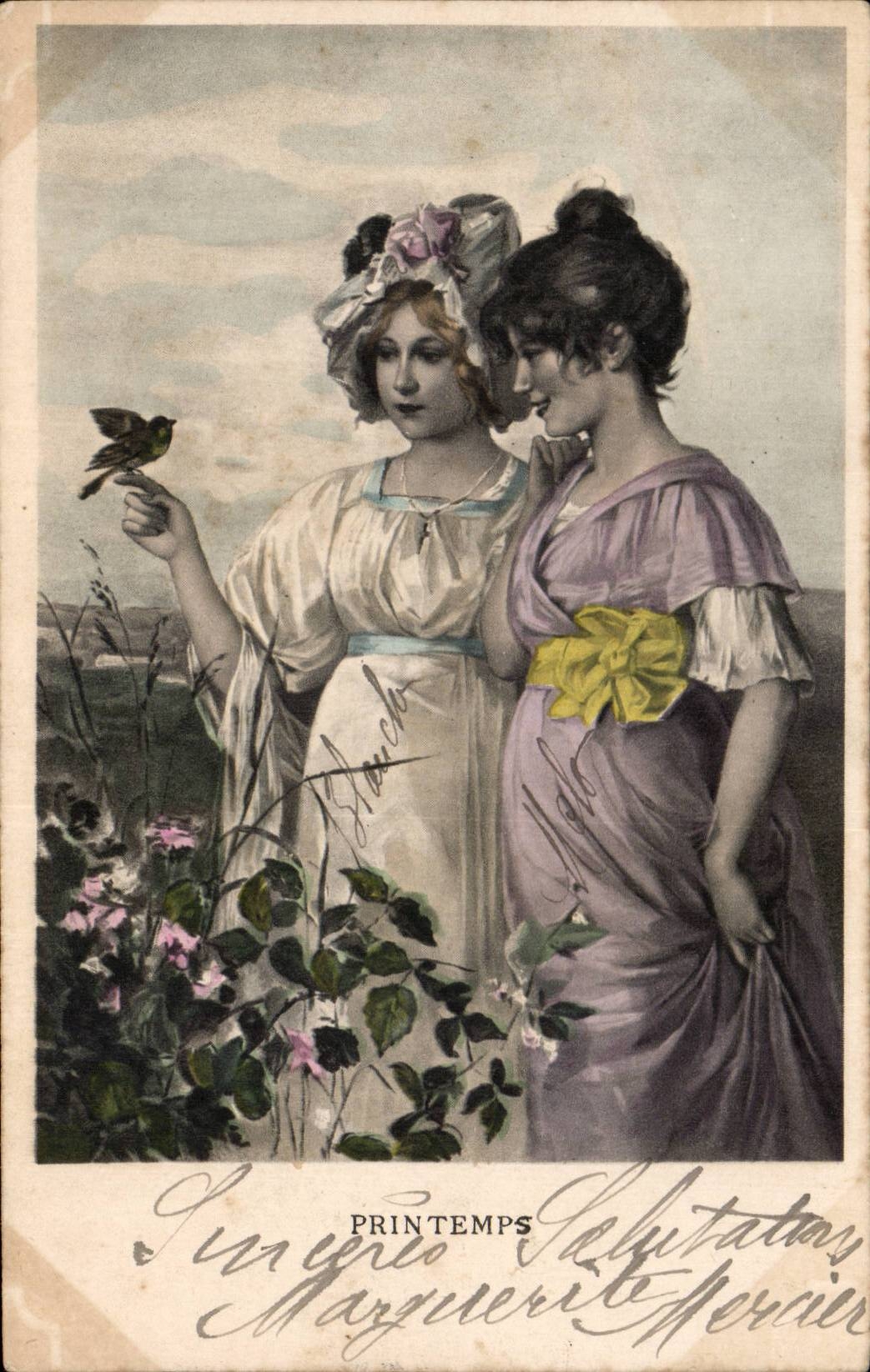 Deux jeunes femmes avec un oiseau — Sujet : Printemps — Éditeur : Salutatay, n° de série non visible