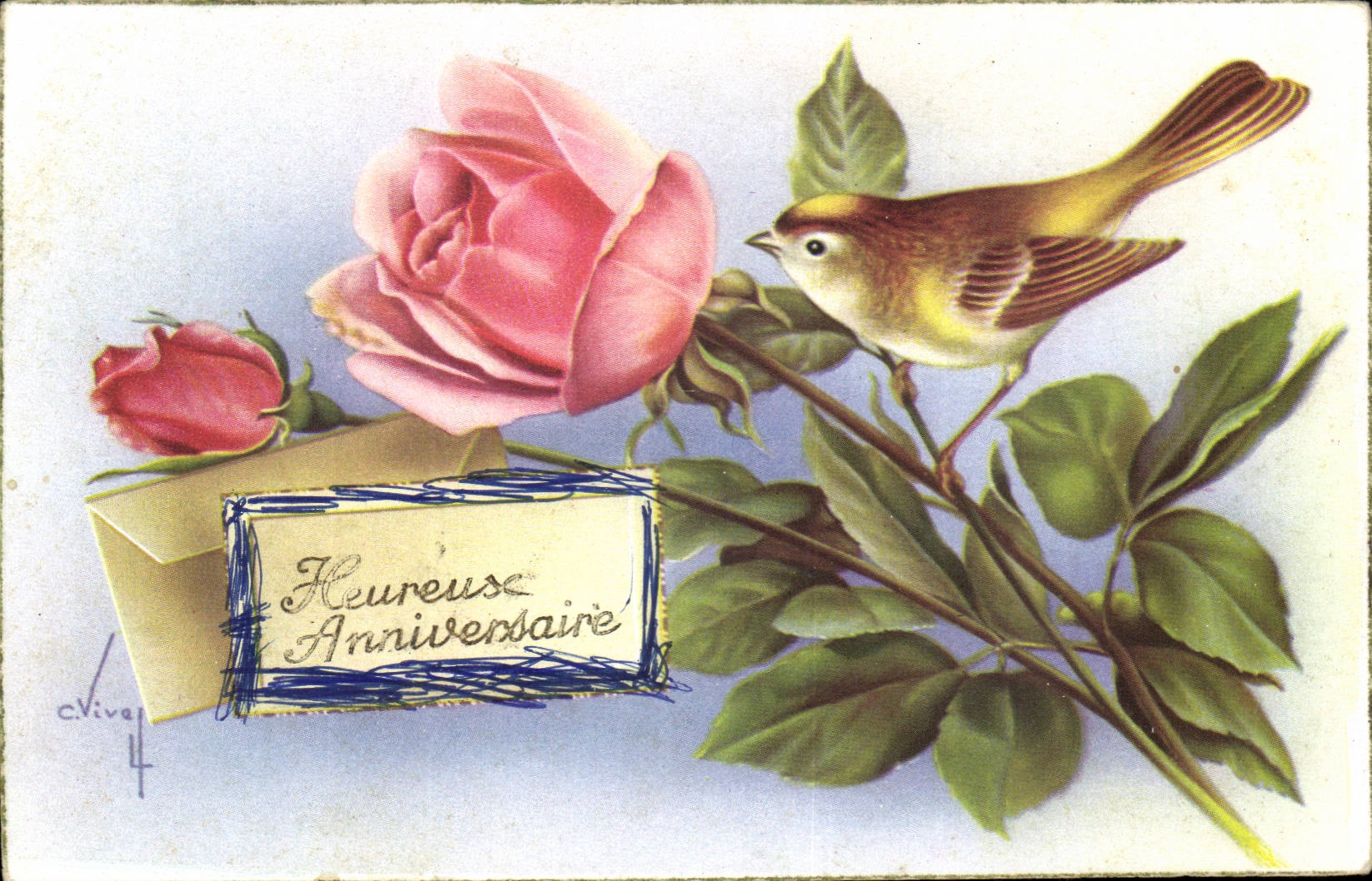 Fantaisie - Heureuse Anniversaire - Petite Oiseau - rose - little bird - CPA 