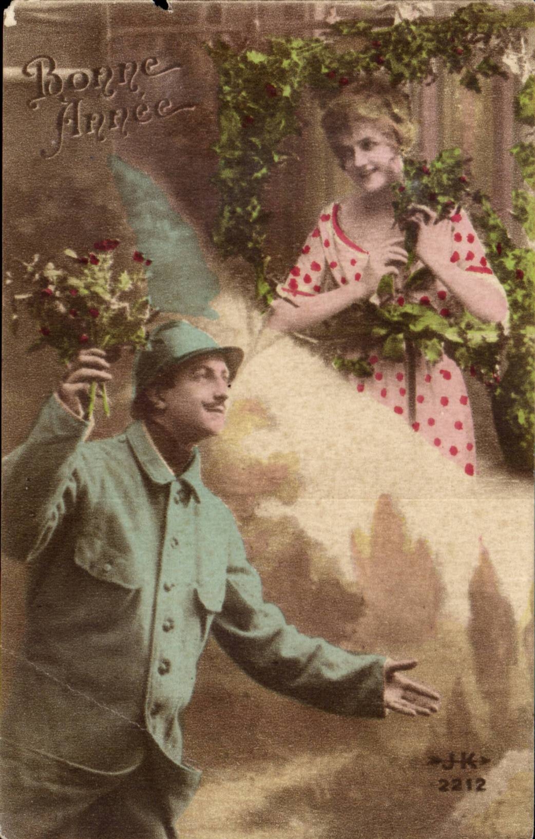 Fantaisie - Couple - Militaria - Soldat - Bonnee Annee - CPA 