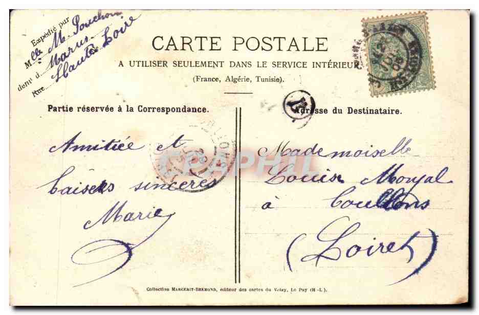 Le Puy — Vue générale prise du rocher d'Espaly (aspect Ouest) dominant la vallée de la Loire, chaîne des Cévennes à l'est — Cliché M. B. — Reprod. interd. — Verso