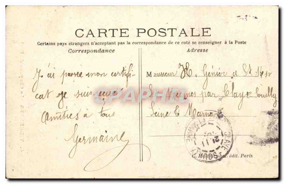 Vincennes CPA La chapelle du fort — Rückseite