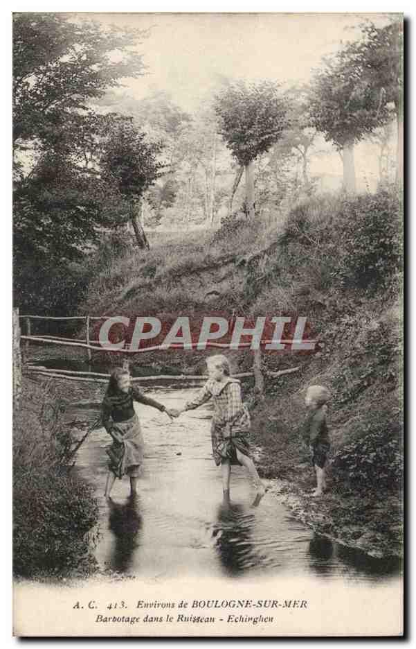 Environs de Boulogne sur Mer CPA Barbotage dans le ruisseau Ecinghen (enfants)