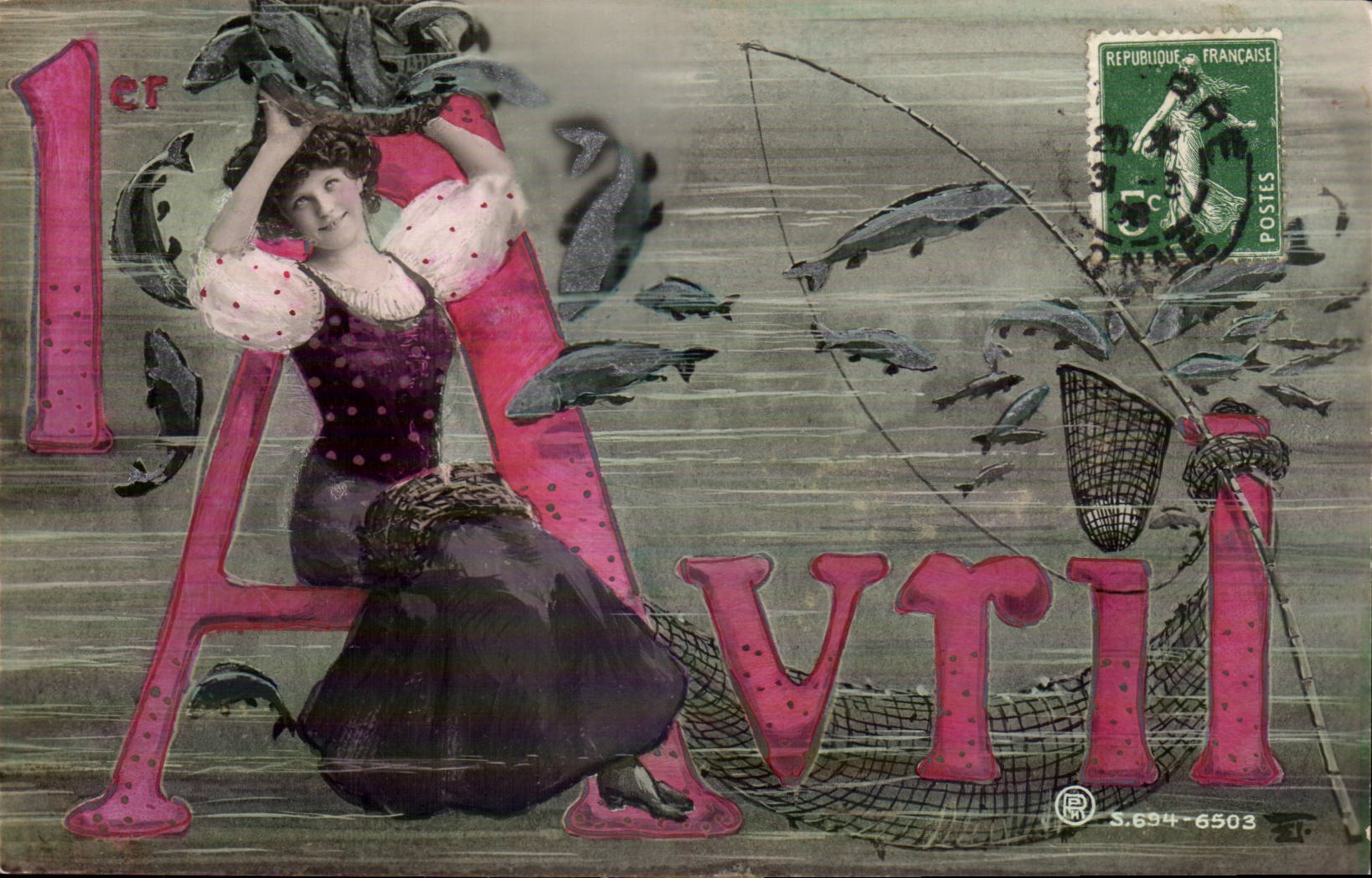 Femme pêchant des poissons — avril — éditeur S.694-6503
