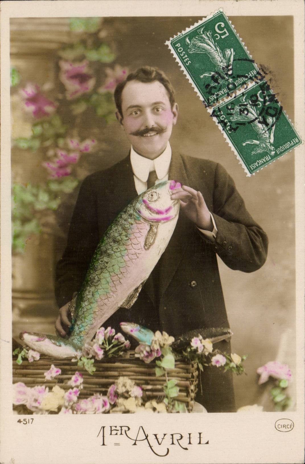 CPA Fantaise Homme Paques Easter 1er avril poissons