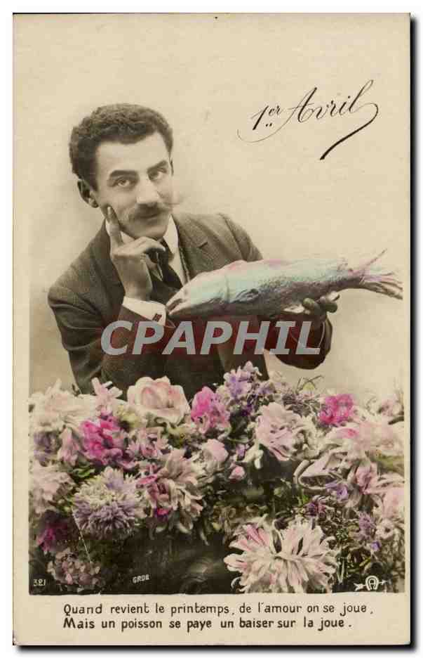 Homme avec poisson et fleurs — jeu de printemps — 1er Avril — éditeur GRAS n°321