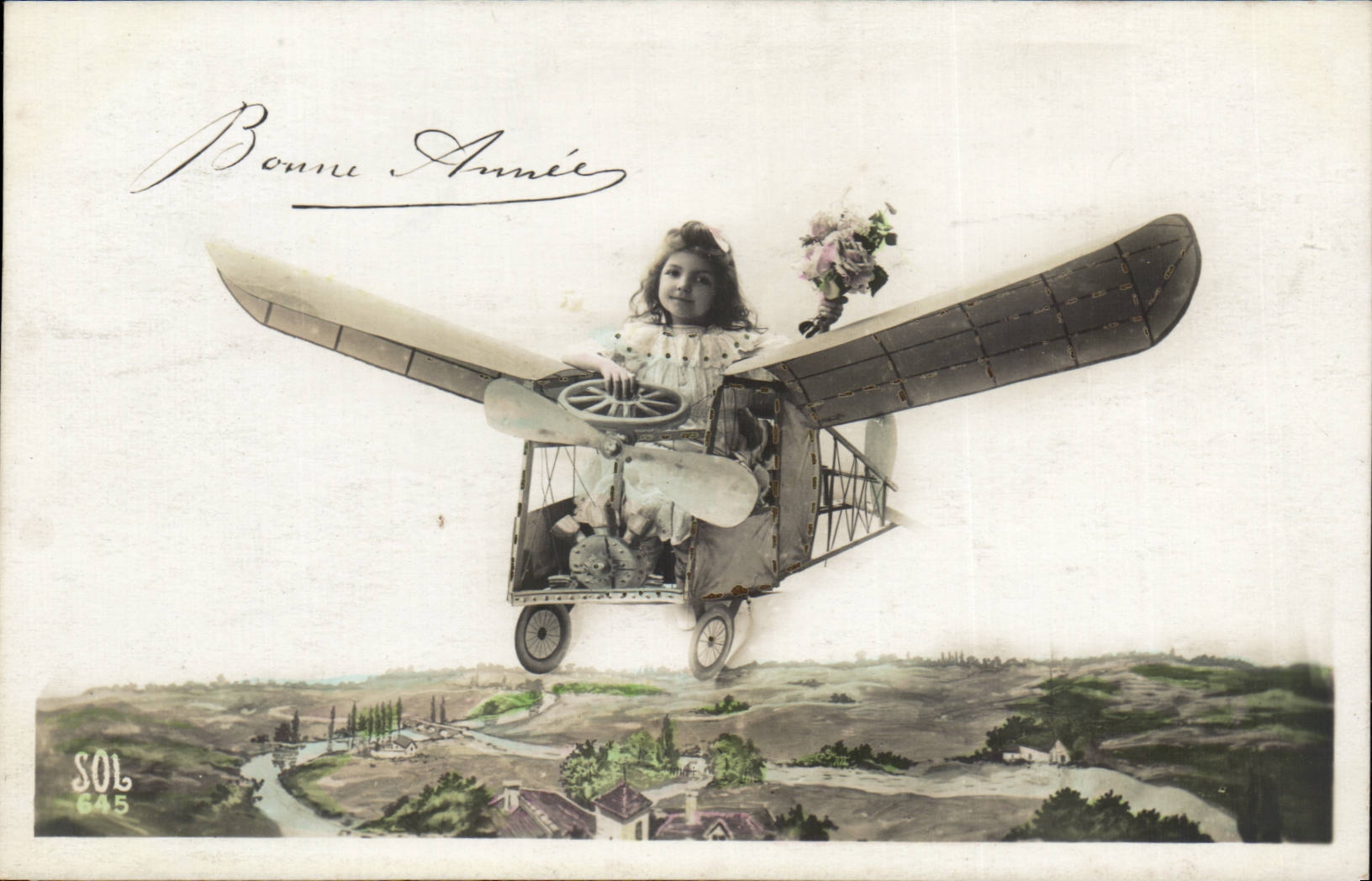 Mädchen in einem Flugzeug — Jahresgrußkarte 'Guten Jahresbeginn' — SOL 645