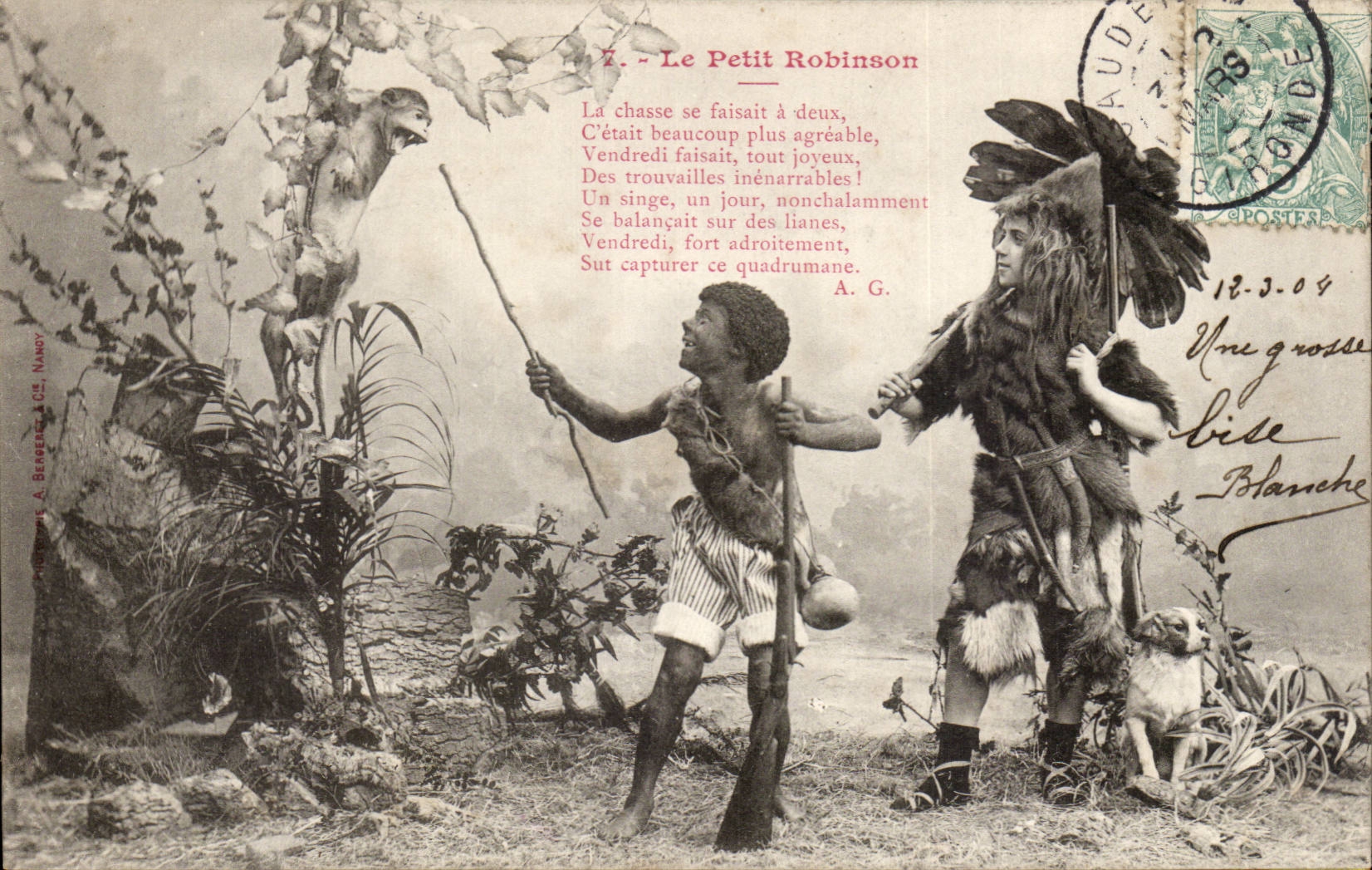 Le Petit Robinson — scène de chasse avec singe — éditeur A. Berbere, Nancy, n°7