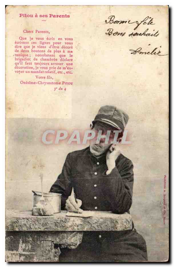 Soldado escribiendo a sus padres — decoración militar — editor A. Bongrand, n° 4