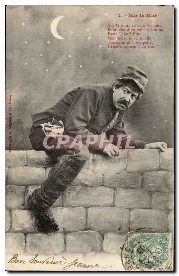 Soldat au mur — scène nocturne avec poème — Phototypie A. Dagron & Cie, Nancy