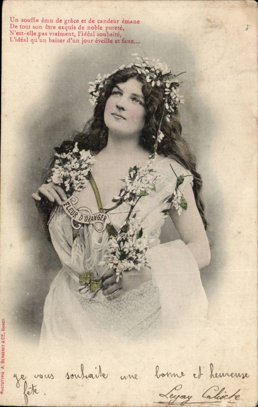 Fleur d'Oranger — jeune femme en robe blanche et couronne de fleurs — Phototype A. Benereet & Cie, Nancy