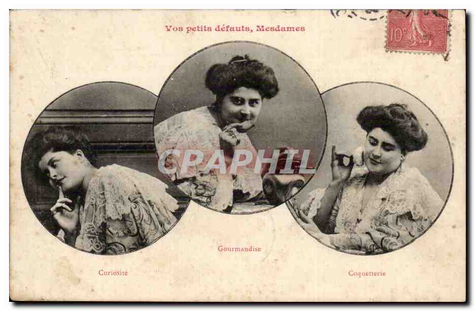 Drie vrouwen — Curiositeit, Gourmanditeit, Coquetterie — uitgever onbekend, serie-nummer niet zichtbaar