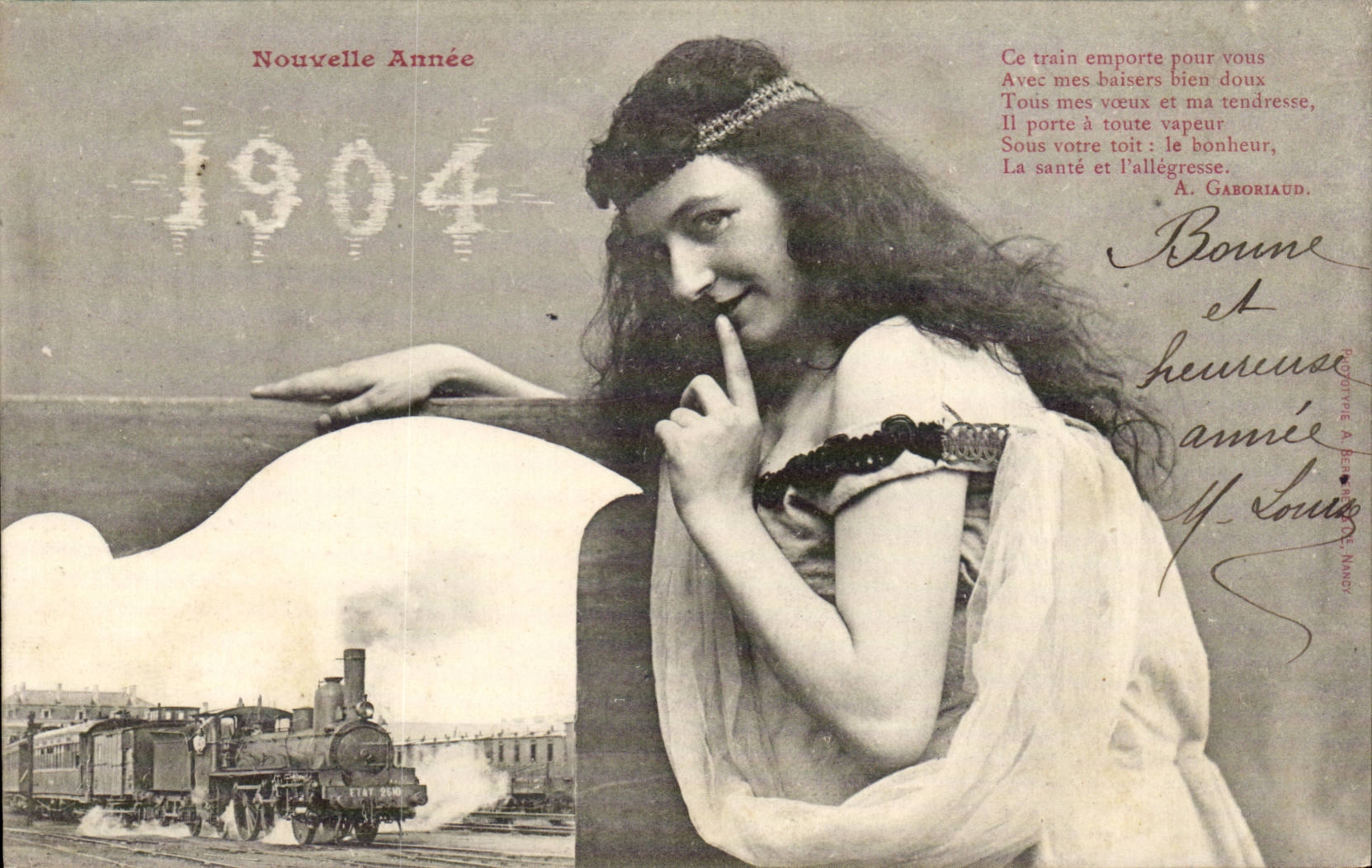 Woman next to a train — New Year 1904 — A. Gaboriaud, Nancy