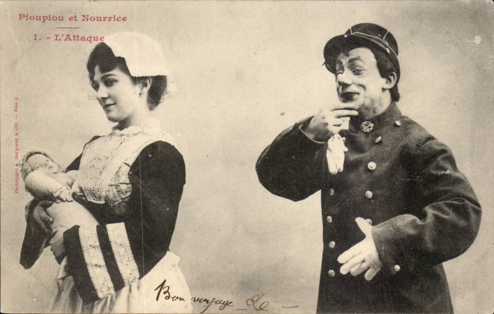 Pioupiou et Nourrice — scène de la comédie 'L'Attaque' — Phototypie & Bergyret & Cie, Nancy
