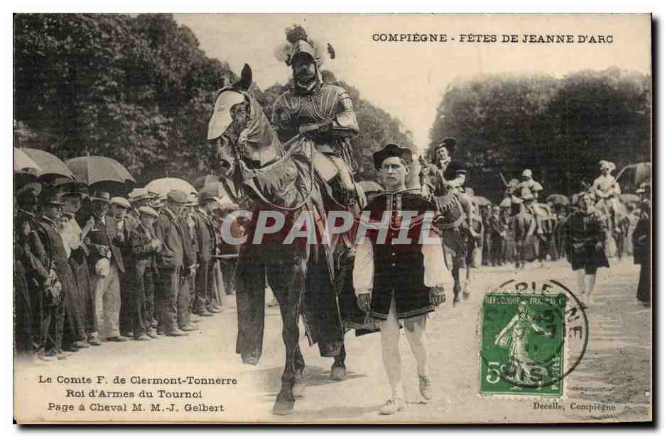 Compiègne - Fêtes de Jeanne d'Arc — Le Comte F. de Clermont-Tonnerre, Roi d'Armes du Tournoi, Page à Cheval M. M.-J. Geilbert