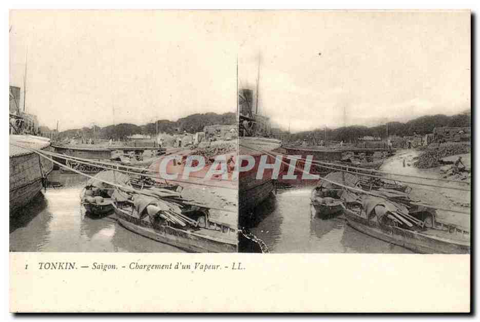Vues stereoscopiques Tonkin CPA Saigon Chargement d'un vapeur Indochine Vietnam