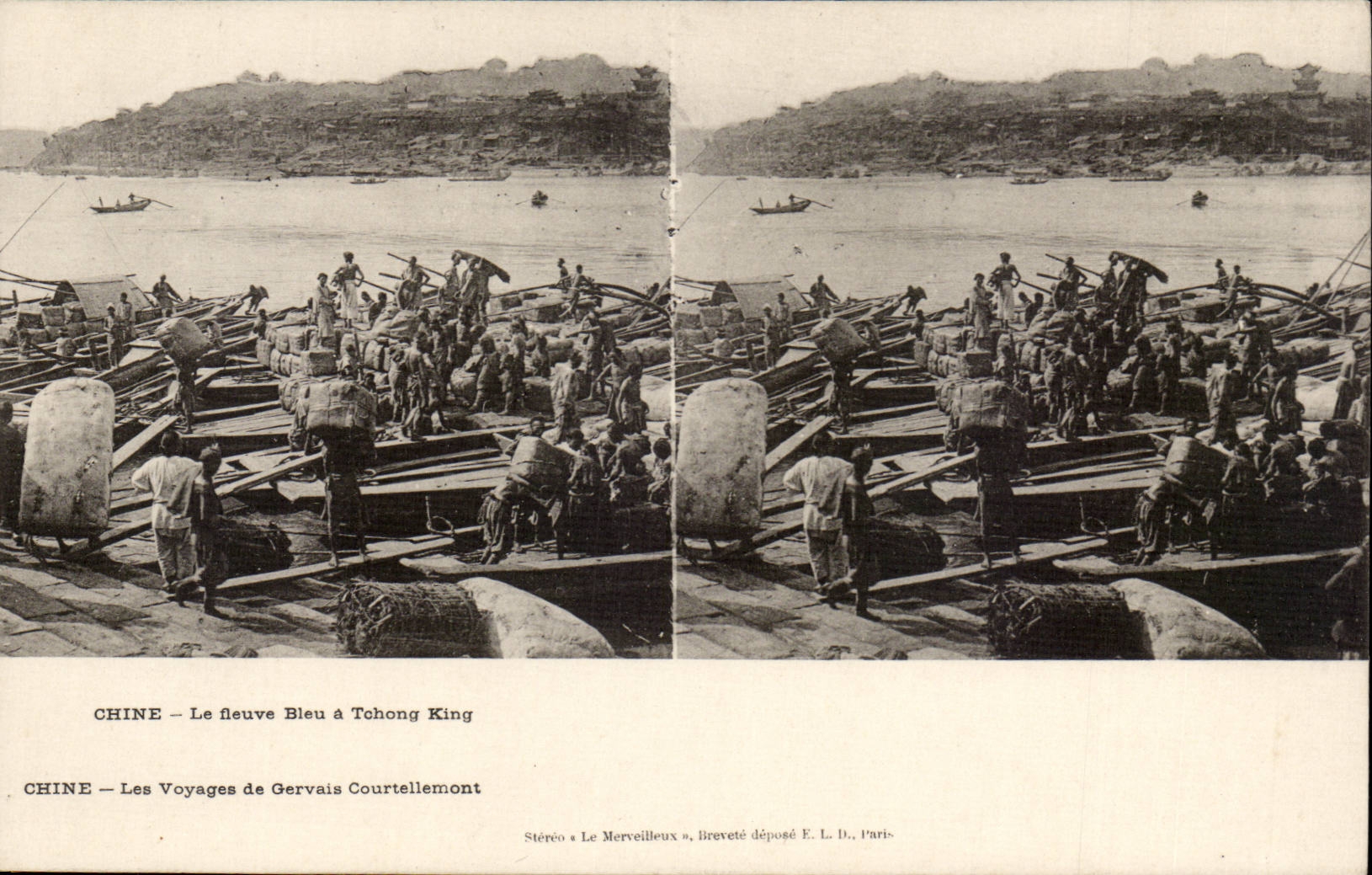 Chine — Le fleuve Bleu à Tchong King — Les Voyages de Gervais Courtellemont — Stéréo Le Merveilleux, breveté déposé E. L. D., Paris