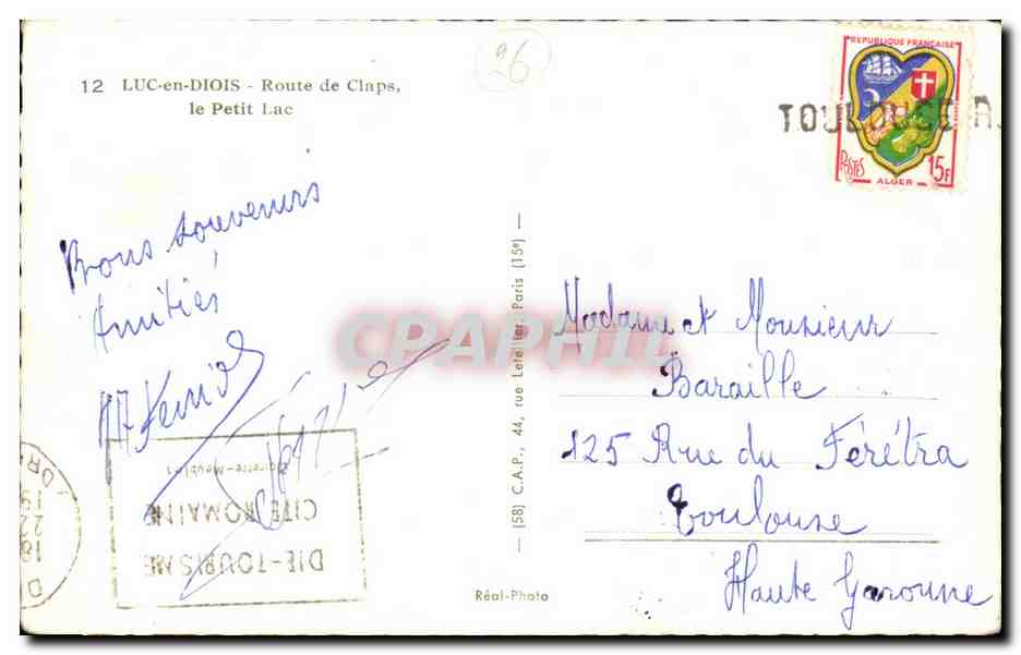 Luc en Dios CPA Route de Claps Le petit lac — Verso