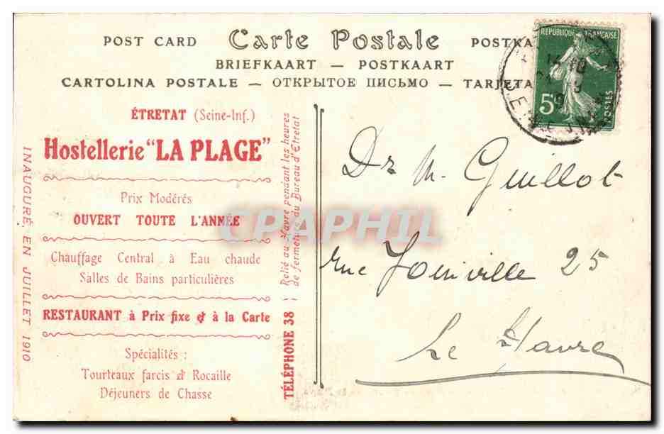 Etretat CPA La place et l'hotel de la plage — Rückseite