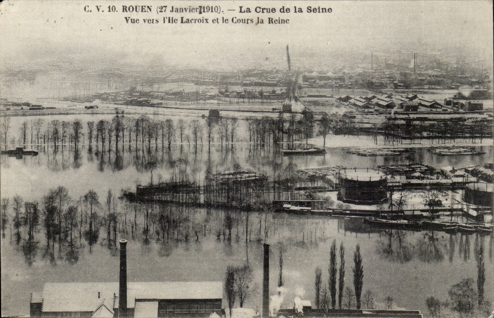Rouen CPA La crue de la Seine Vue vers l'ile Lacroix et le cours la Reine