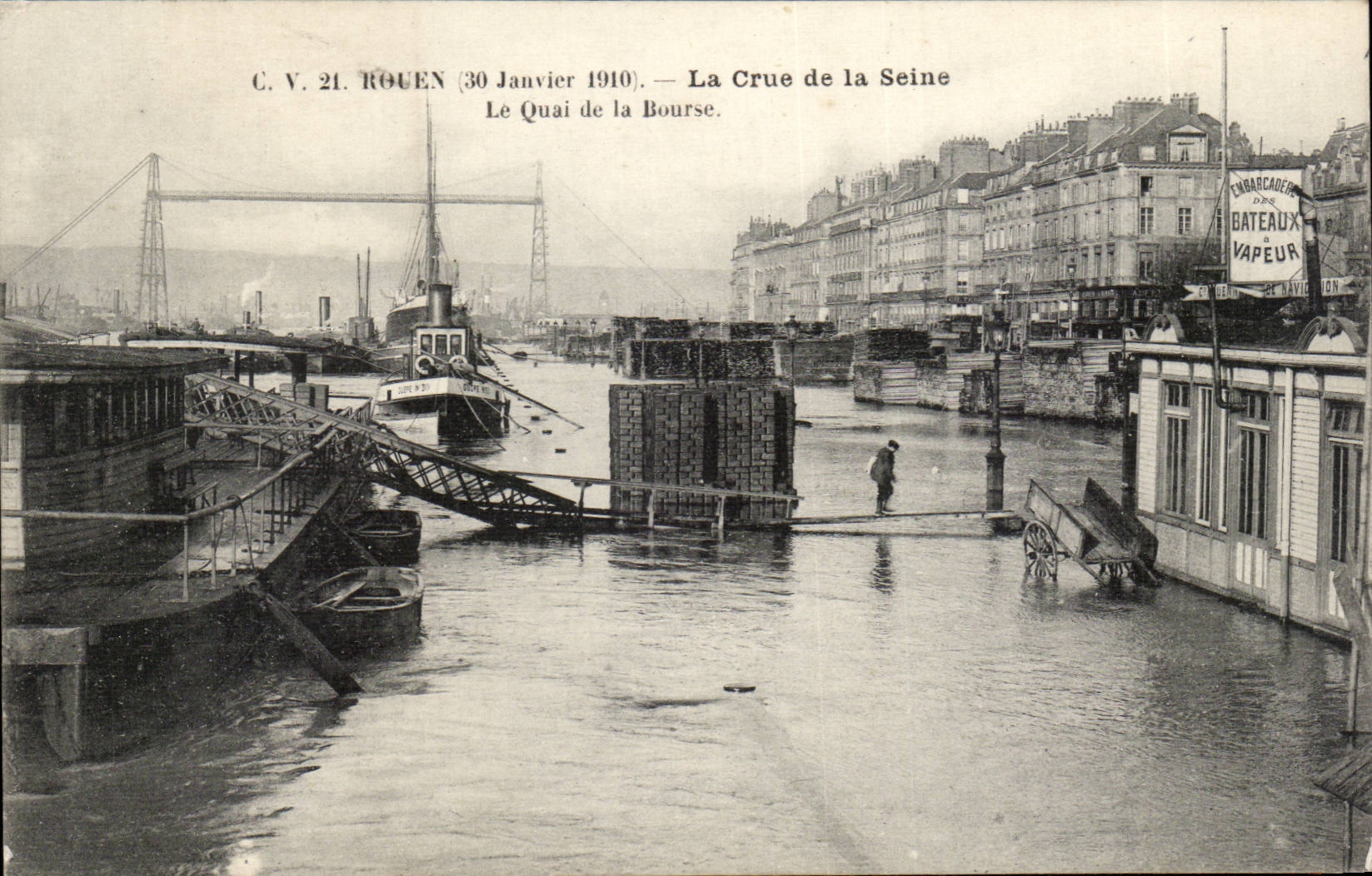 Rouen CPA 30 janvier 1910 La crue de la Seine Le quai de la Bourse
