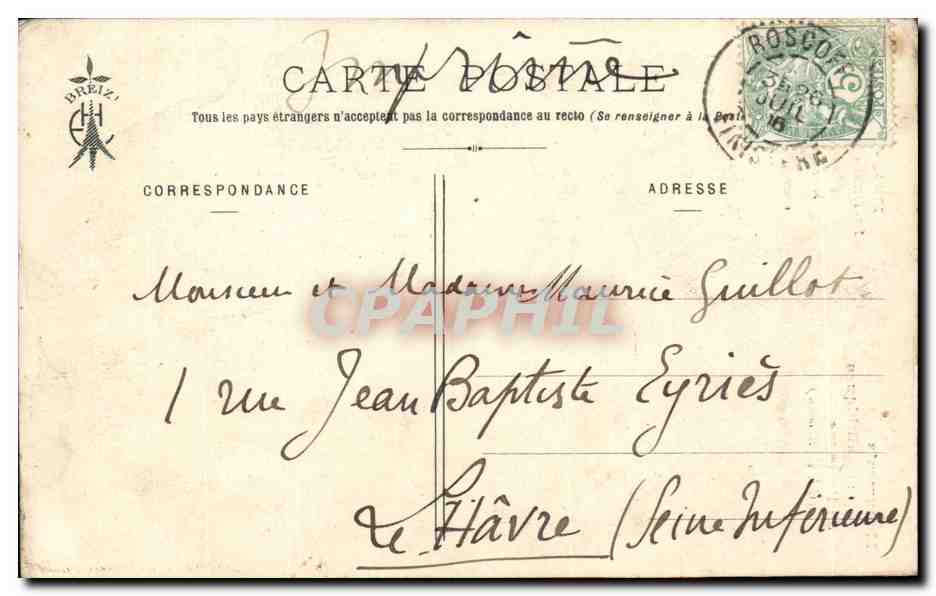 Menhir de St-Duzec-en-Pleumeur — Monument païen orné d'émblèmes chrétiens — (Col. E. Hamonic) n°1184 — Verso