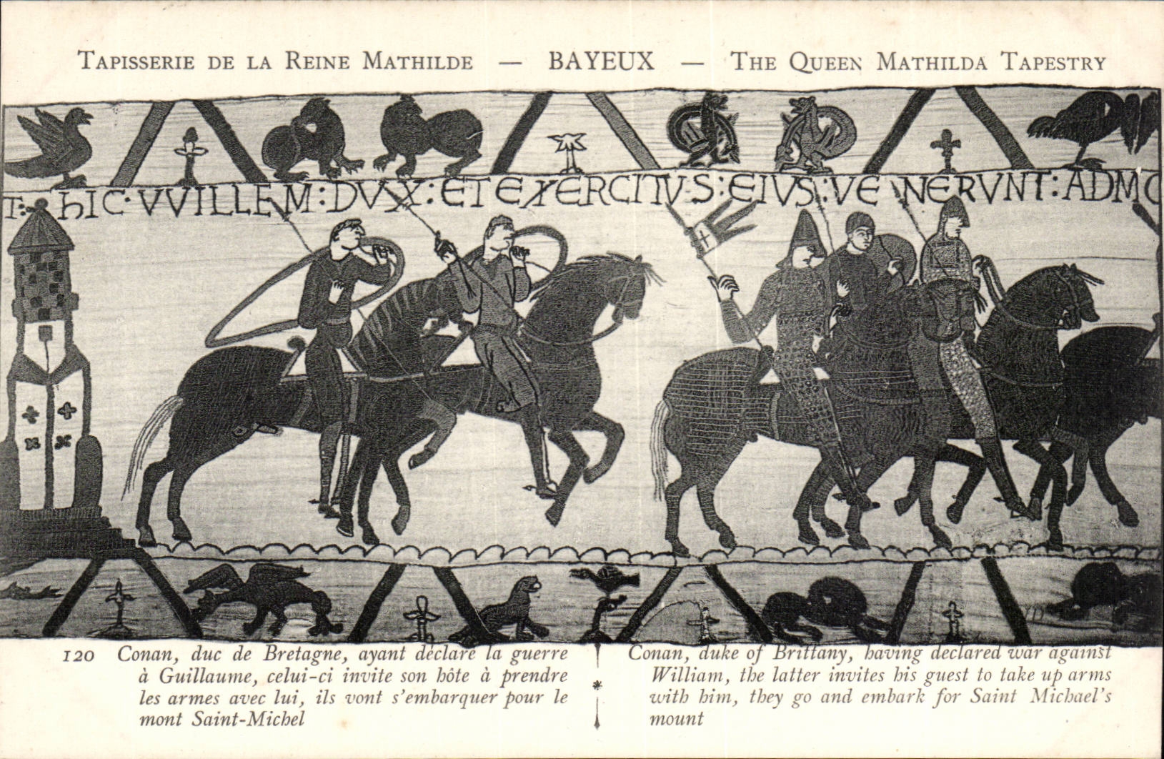 Tapisserie de la Reine Mathilde — Bayeux — scène 120 — Conan, duc de Bretagne, invite son hôte à prendre les armes pour Saint-Michel