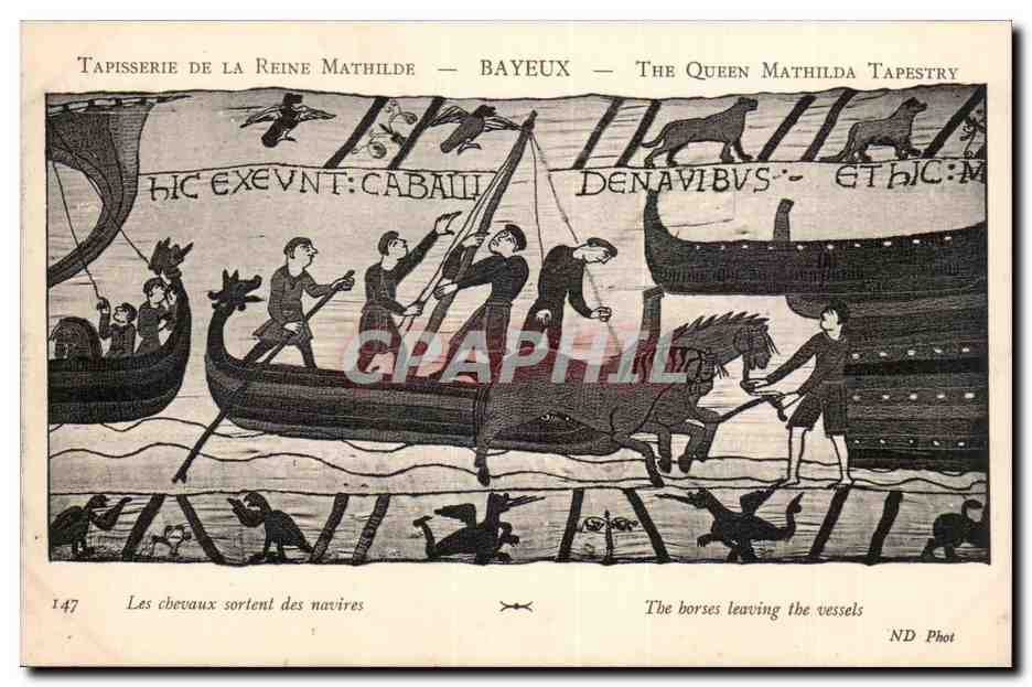 Tapisserie de la Reine Mathilde — Bayeux — scène des chevaux sortant des navires — ND Phot