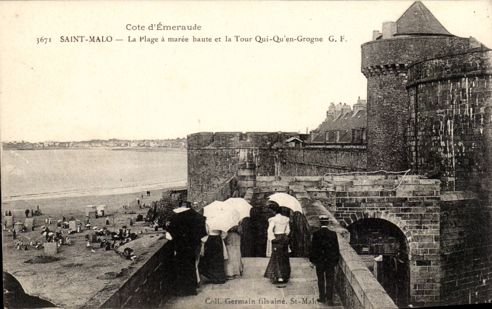 Saint-Malo — La Plage à marée haute et la Tour Qui’en-Grogné — G. F. — Coll. Germain fils aîné, St-Malo