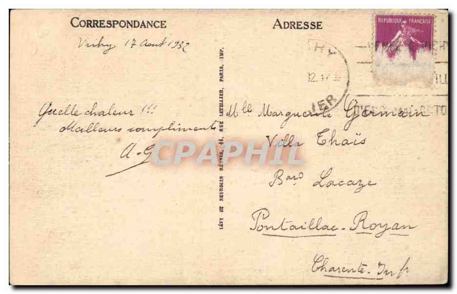 Vichy - Tour de l'Horloge - CPA  — Verso