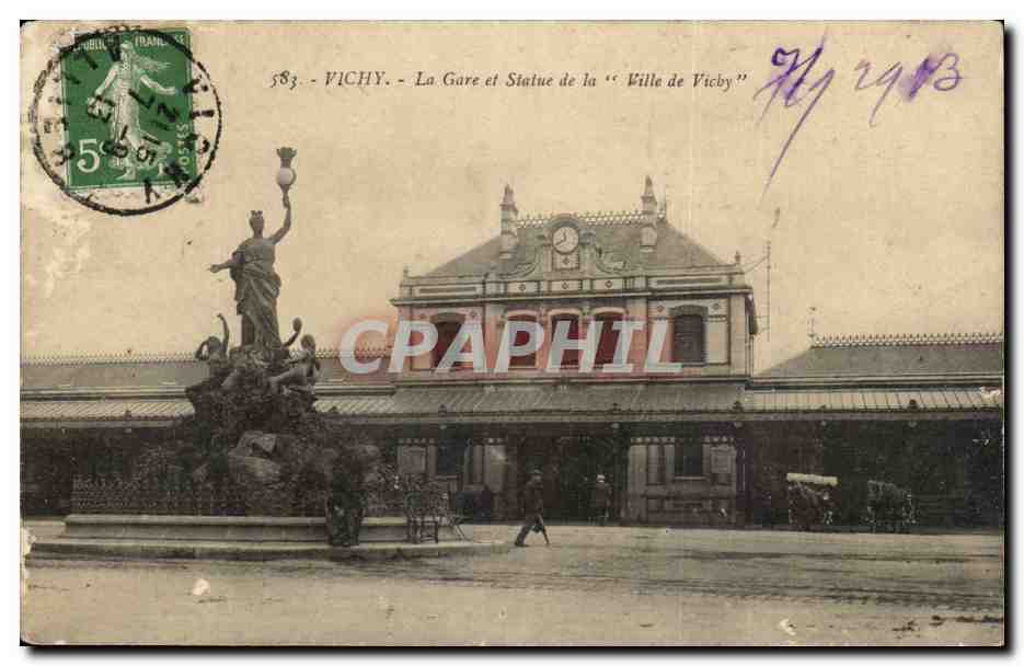 Vichy - La Gare et Statue de la Ville de Vichy - CPA 