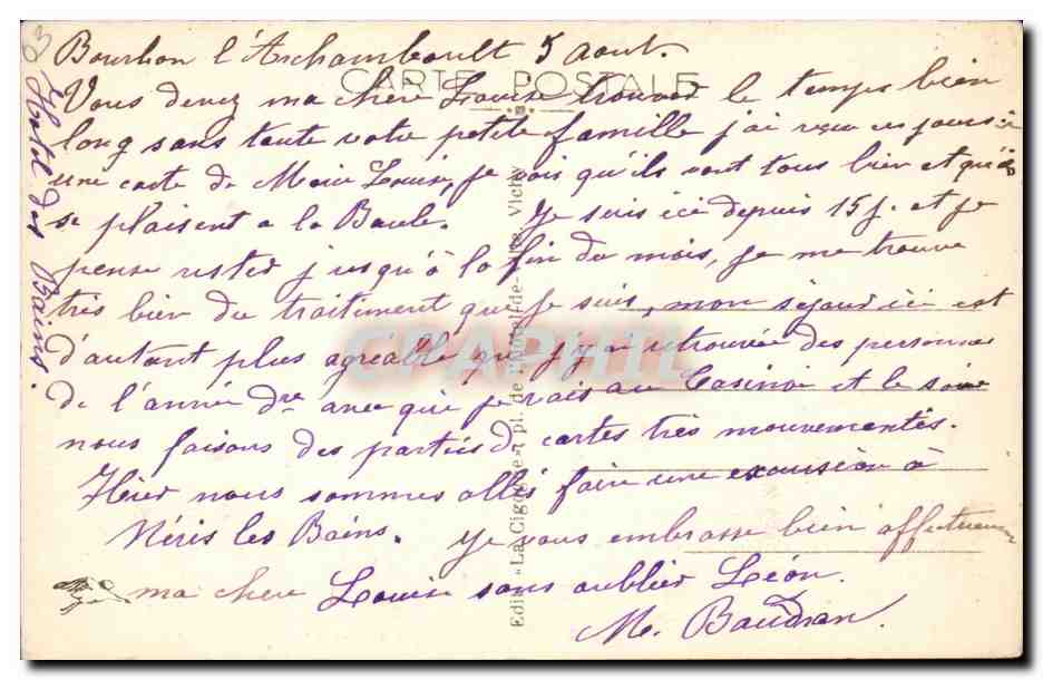 Bourbon l'Archambault - L'Etablissement Thermal et le Casino - CPA  — Rückseite