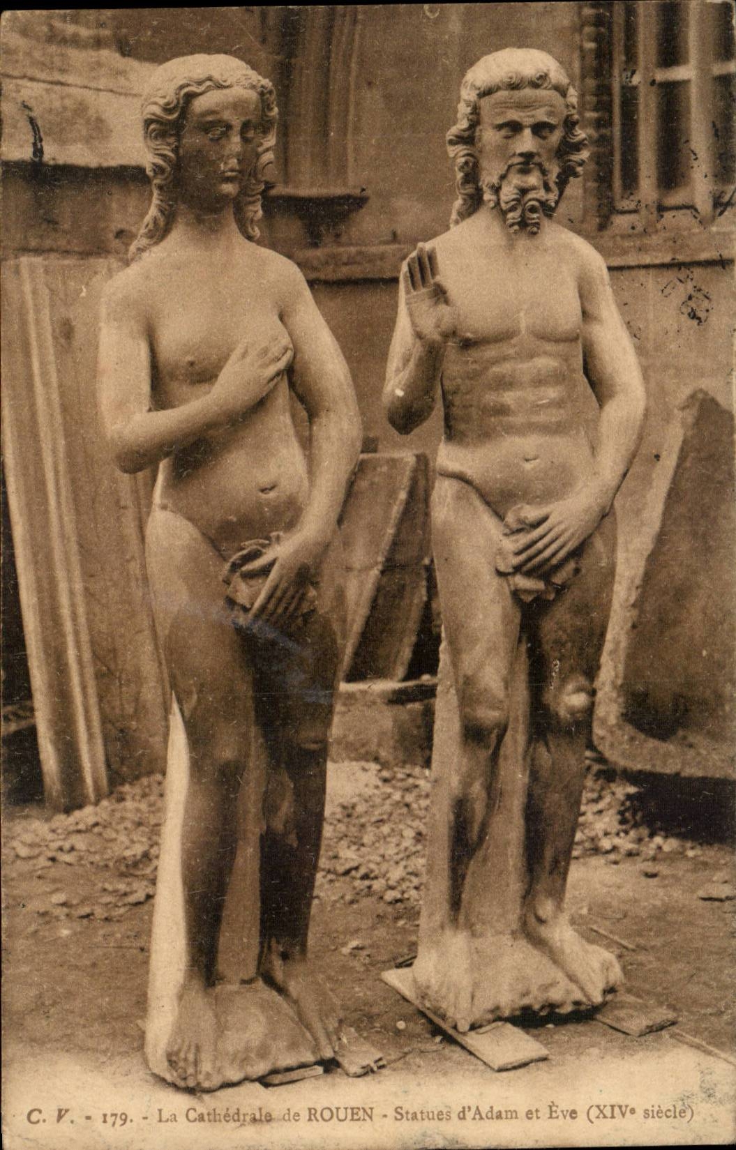 Rouen - La Cathedrale Rouen - Statue de Adam et Eve - CPA 