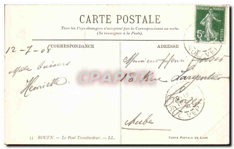 Rouen - Le Pont Transbordeur - CPA  — Rückseite