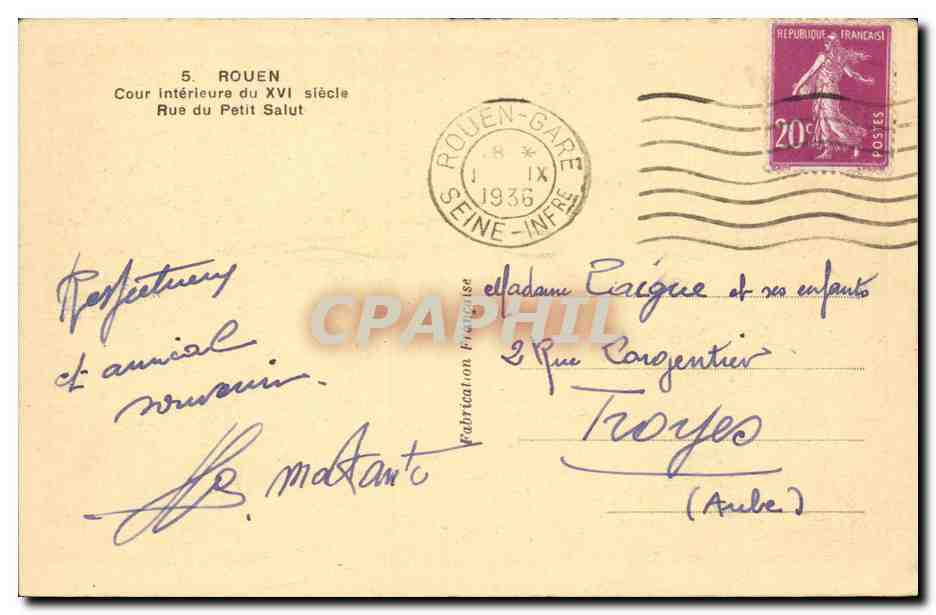 Rouen CPA Cour interieure du 16eme Rue du petit salut — Verso