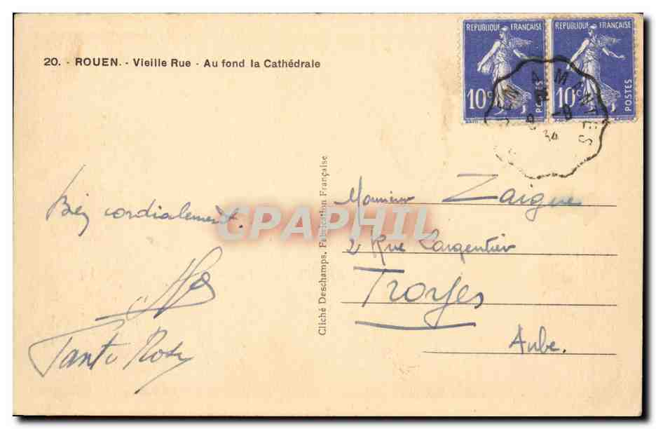 Rouen CPA Vieille rue Au fond la cathedrale — Verso