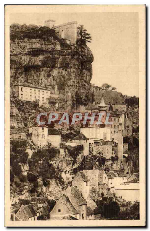 Rocamadour — vue panoramique du village et du château sur falaise — éditeur LARAUT