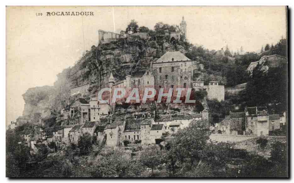 Rocamadour — vue du village perché sur falaise — Édition de la Librairie Vernel, St-Céré (Lot)