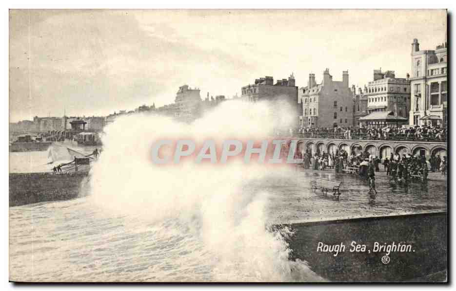 Rough Sea, Brighton — view of the promenade with waves and crowd — publisher: The Brighton Post Card Co. (series number not visible)