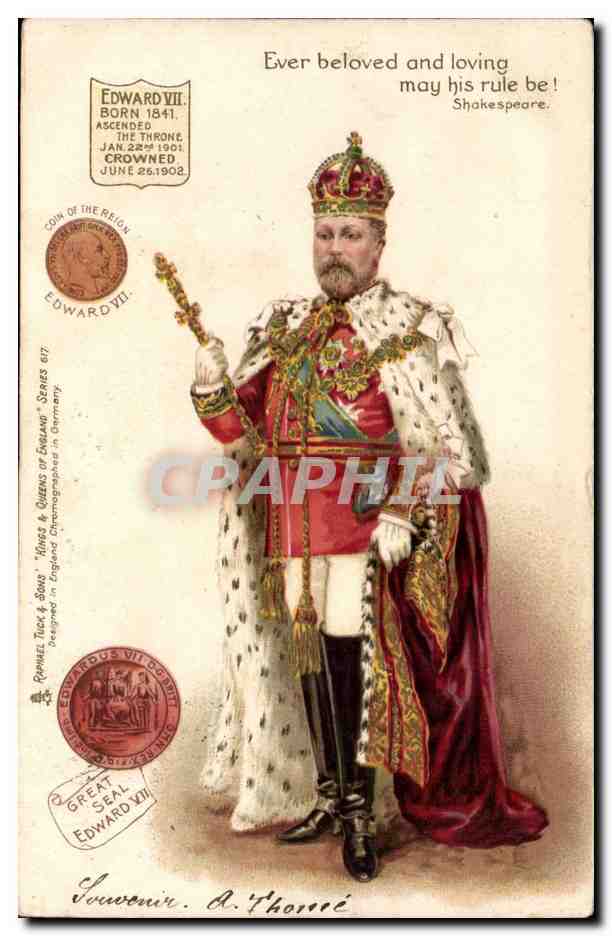 Roi Édouard VII — portrait en costume royal — éditeur Raphael Tuck & Sons, série 617