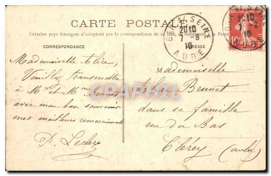 Bar-sur-Seine — Rue Gambetta — Cliché A. Pèrry, Jules Doussot, éditeur — Verso