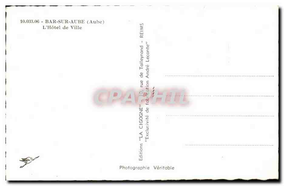Bar-sur-Aube — Hôtel de Ville et Théâtre — La Cigogne — Verso