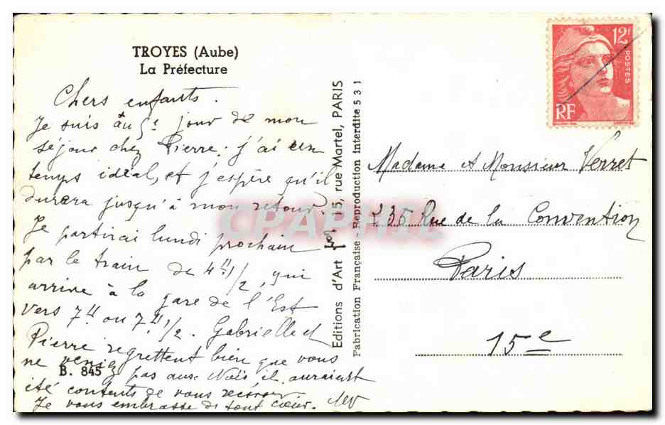 Troyes (Aube) — La Préfecture — Éditions d'Art Française — Achterkant
