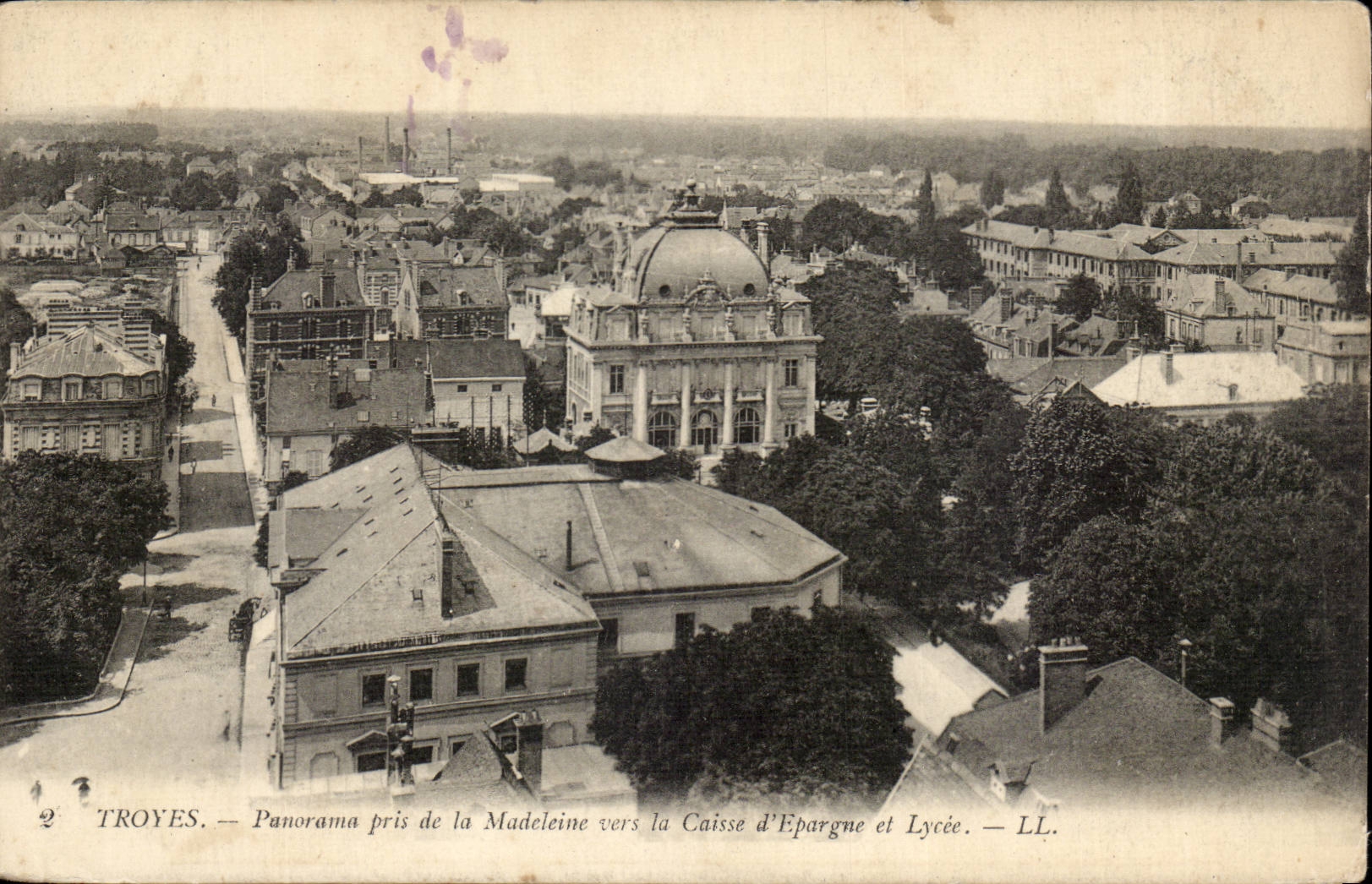 Troyes CPA Panorama pris de la Madeleine vers la caisse d'Epargne et Lycee